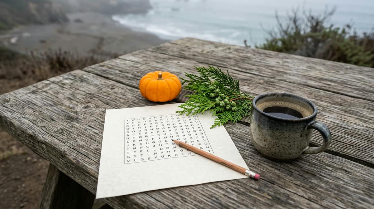 A word search, a pencil, coffee and a small pumpkin on a picnic table by the sea