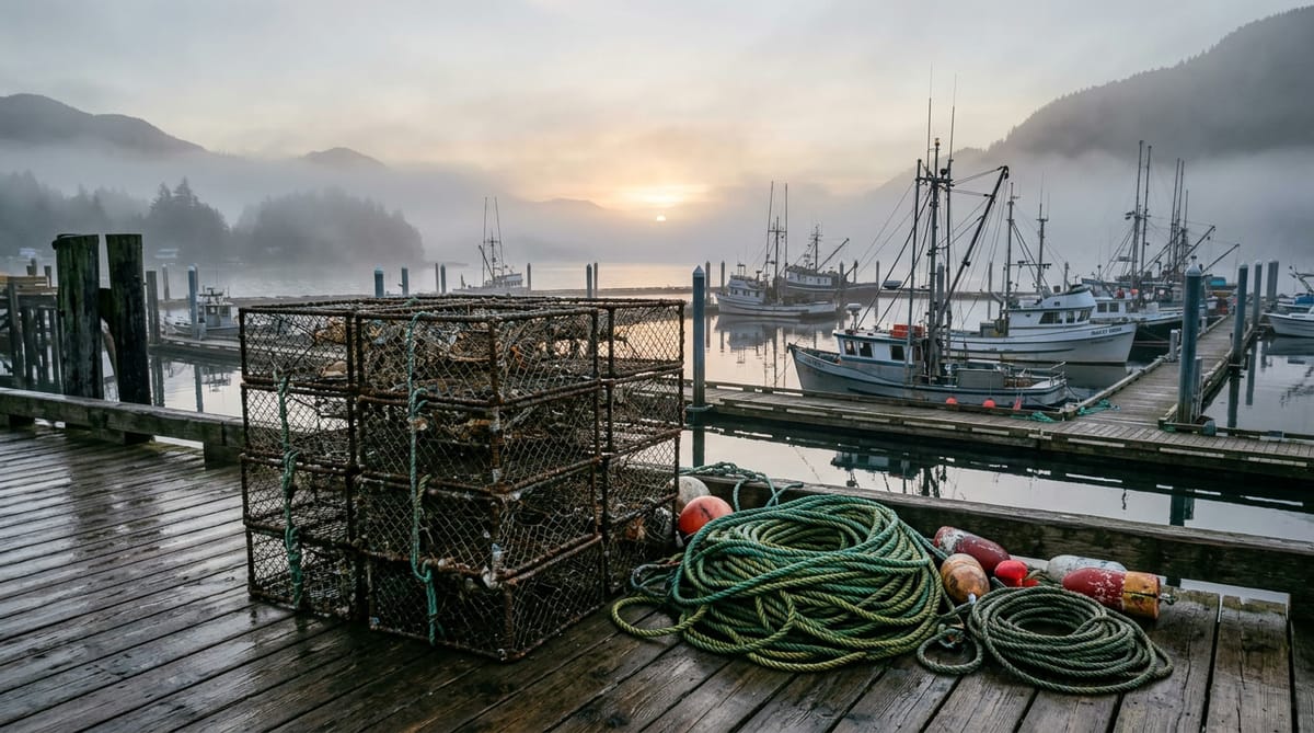 Crab pots and rope stacked on a fishing dock at dawn