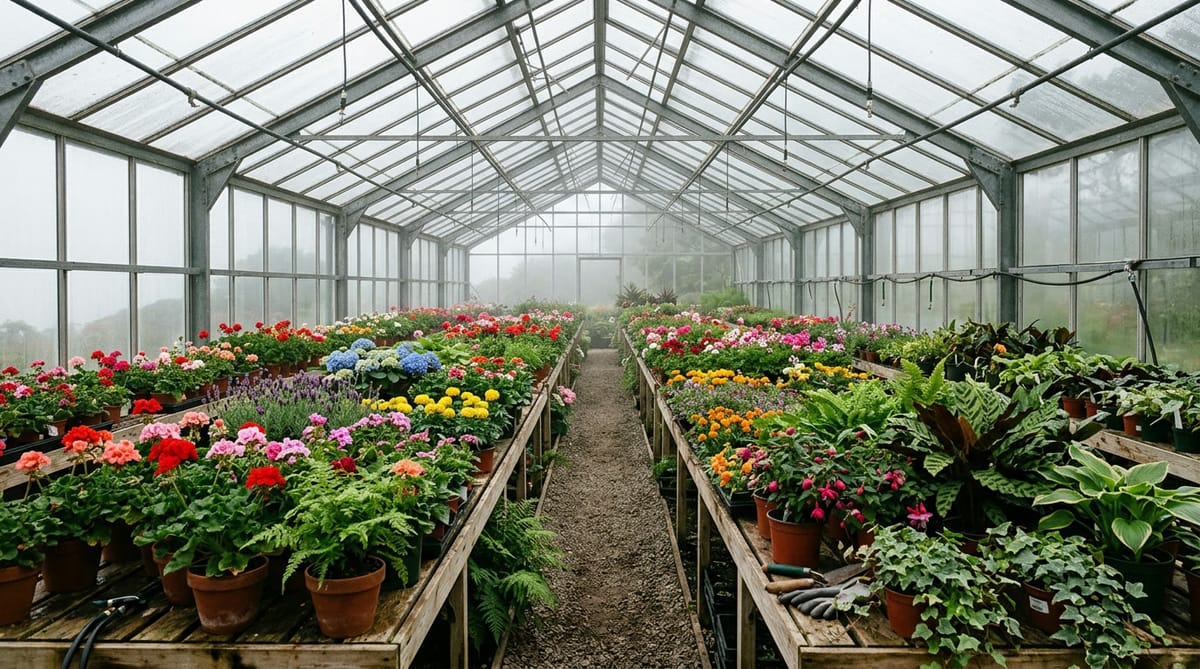 Rows of flowers and houseplants inside a coastal greenhouse