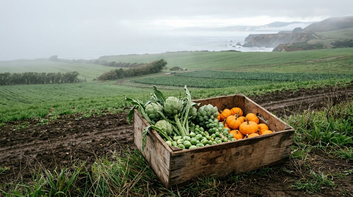 A crate of artichokes, Brussels sprouts and pumpkins at the edge of a coastal field