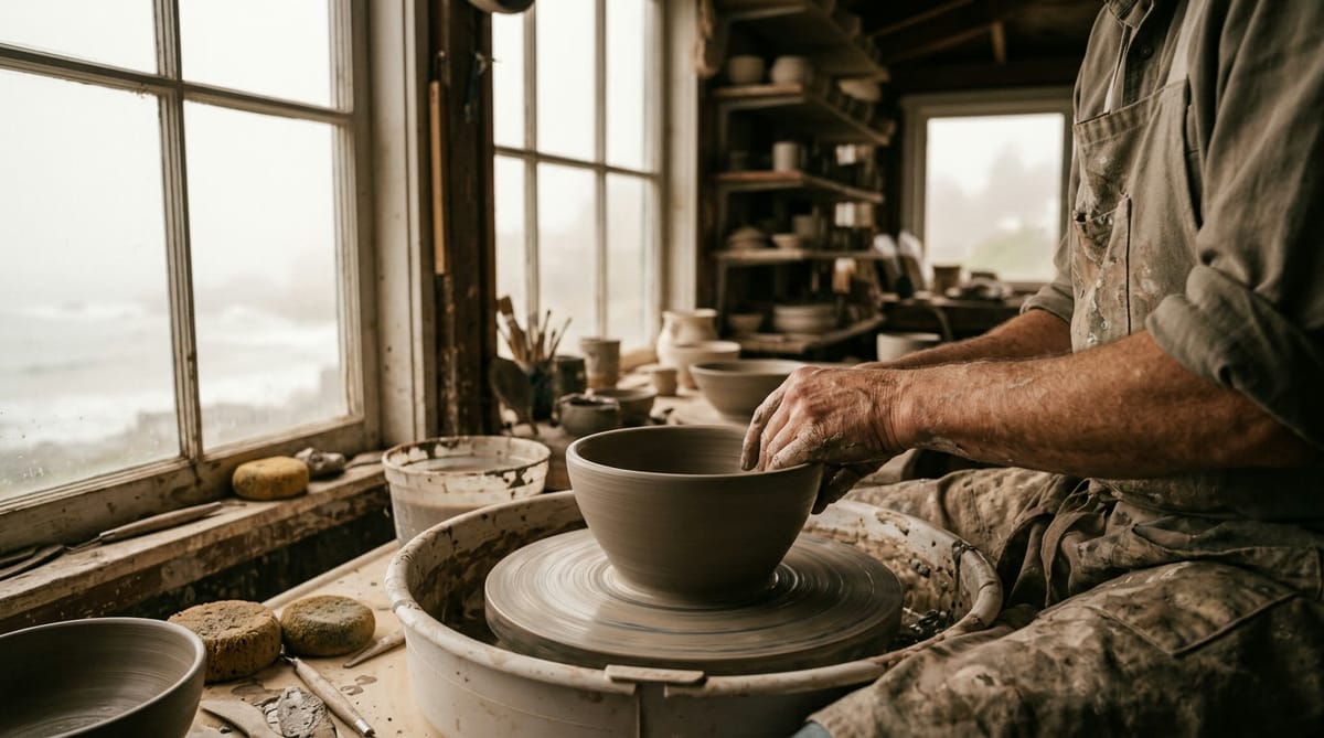 Hands shaping a bowl on a potter's wheel in a coastal studio