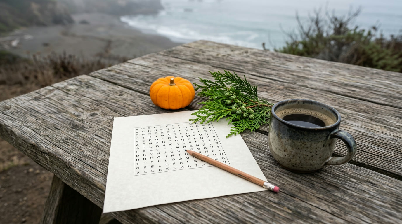 A word search, a pencil, coffee and a small pumpkin on a picnic table by the sea