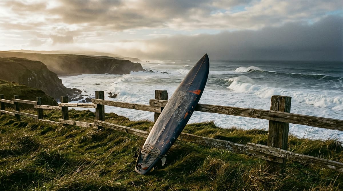 A surfboard against a fence on a bluff above big winter surf